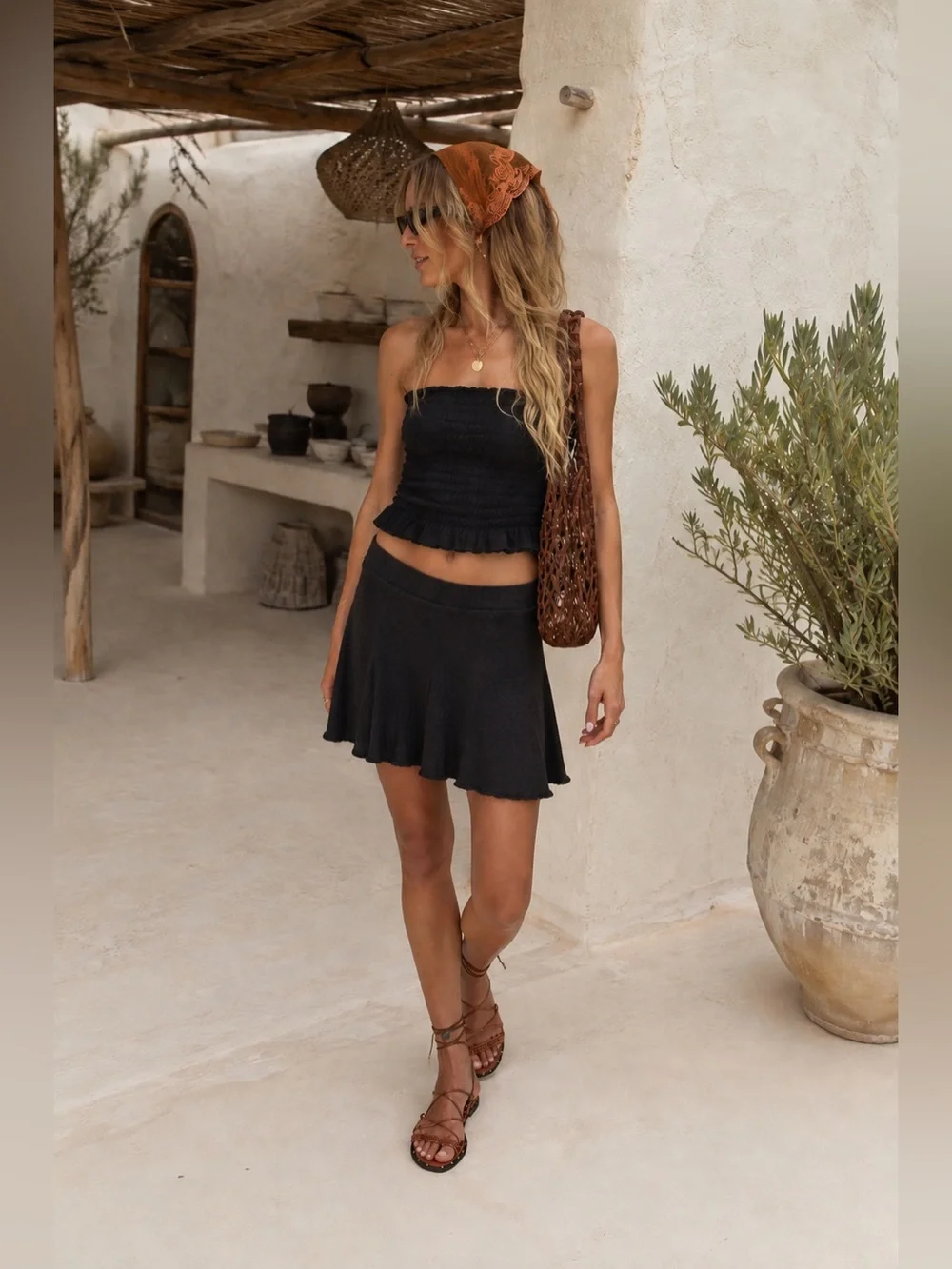 Free People Beach Lora Set Black Smocked 2 Piece Boho M new summer set